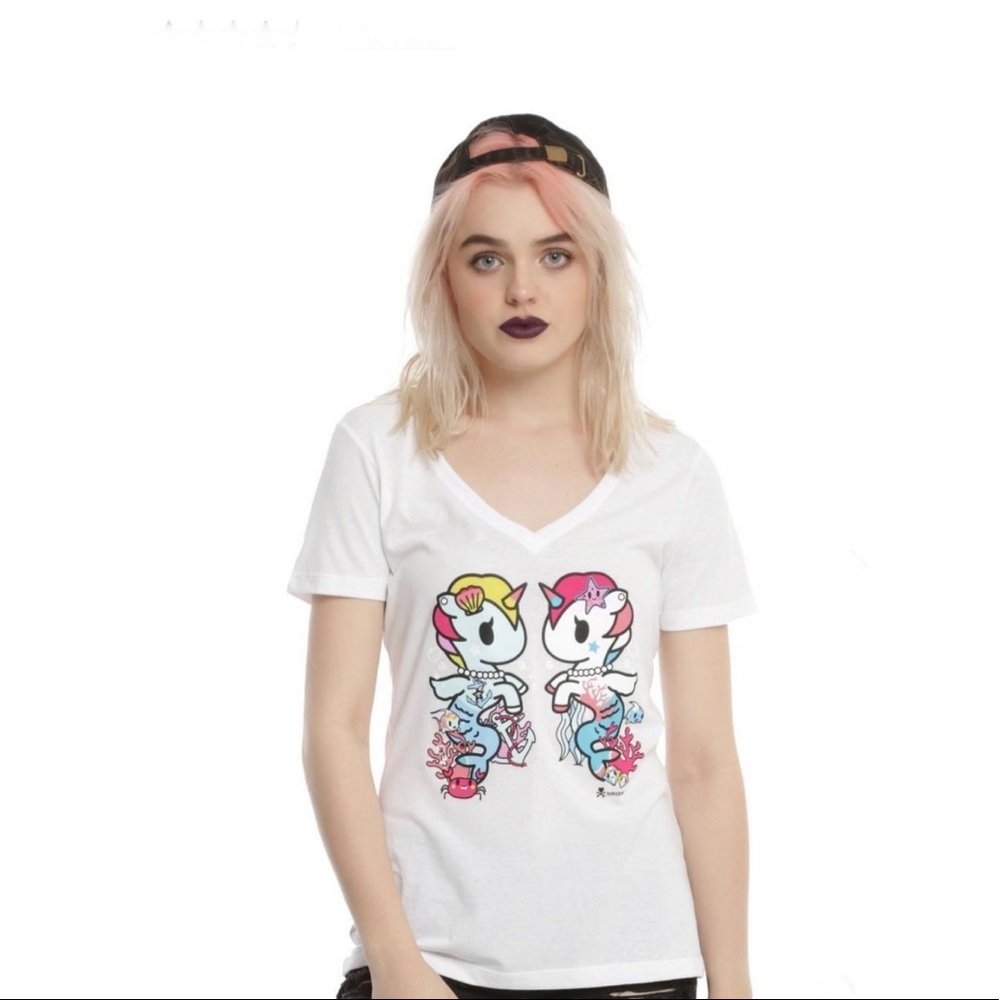 Tokidoki Mirrored Mermicorno Juniors White V-Neck Graphic T-Shirt
